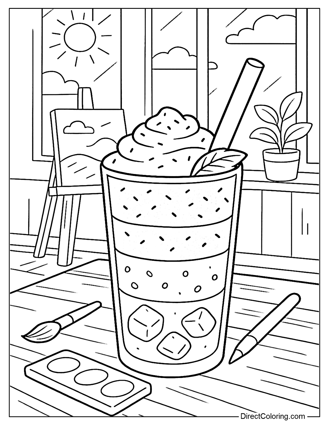3-tiered matcha iced tea cup coloring page: milk, ice, green tea - a summer painting studio with soft yellow light in the background.